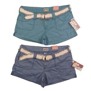 Y2K Mudd Low Rise Shortie Shorts & Belt Lot Women Size 11 Teal Blue Twill Boho